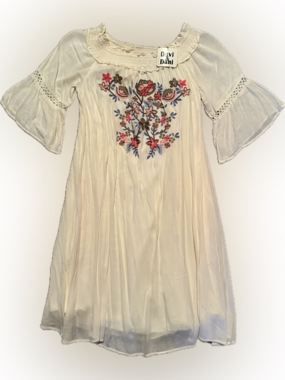 DAVI & DANI Cream Boho Dress with Pink, Blue and Brown Embroidery